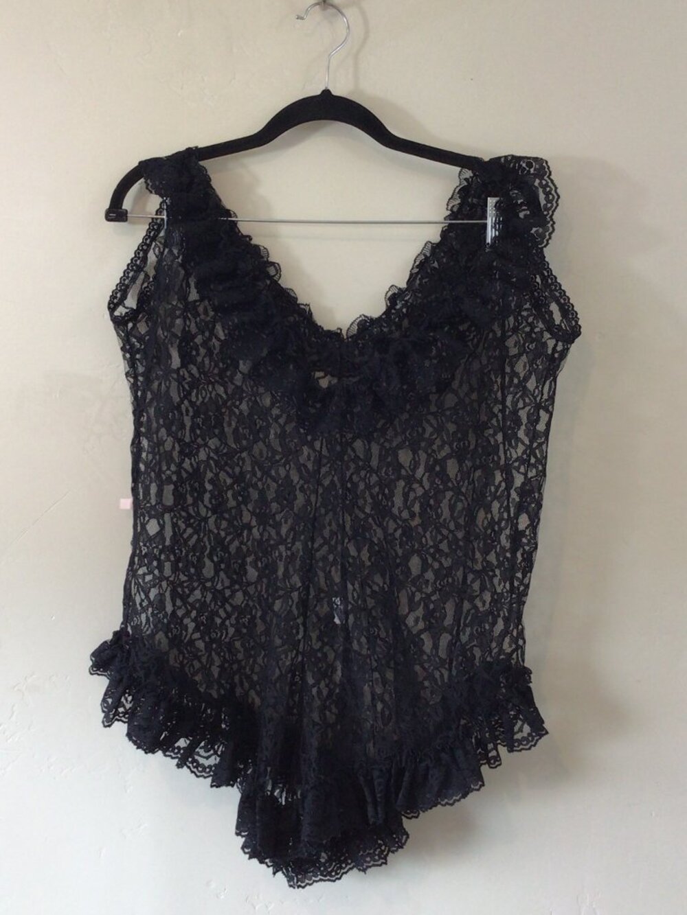 VTG Vintage Black Lace Nightie Romper Pajamas *Missing Belt